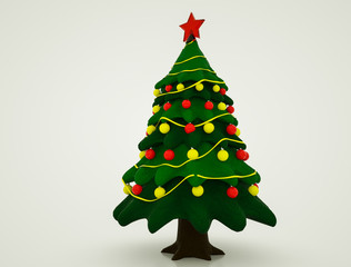 Stylized three-dimensional model of a Christmas tree with decorations. 3d rendering illustration