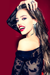 Fototapeta premium Fashion hairstyle. Beauty makeup. High resolution. Portrait of beautiful female model. Beauty and haircare concept.
