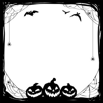Halloween black frame with bats and Jack O' Lanterns. Vector poster illustration.
