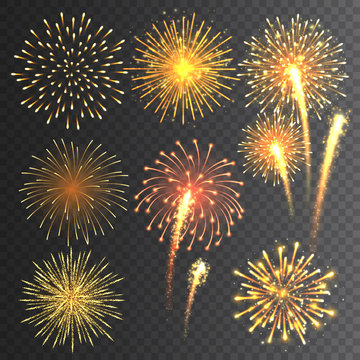 Festive fireworks collection. Realistic colorful firework on transparent background. Multicolored explosion. Christmas or New Year greeting card element. Vector illustration.