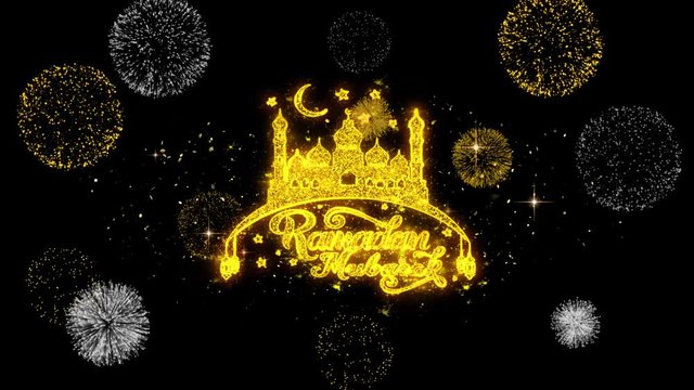 Ramadan Mubarak Text Wish Reveal on Glitter Golden Particles Firework. Greeting card, Wishes, Celebration, Party, Invitation, Gift, Event, Message, Holiday, Festival 4K Loop Animation.