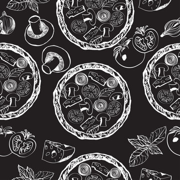 Vegetarian pizza is depicted in a graphic style on a black background.