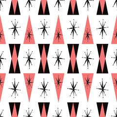 Atomair naadloos patroon uit het midden van de eeuw in gedurfde zwarte, witte en koraalroze kleuren. Handgetekende starburst met geometrische afwisselende vormen en kleuren. Vectorontwerp voor textiel, mode, grafisch ontwerp.