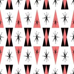 Foto op Plexiglas Jaren 50 Atomair naadloos patroon uit het midden van de eeuw in gedurfde zwarte, witte en koraalroze kleuren. Handgetekende starburst met geometrische afwisselende vormen en kleuren. Vectorontwerp voor textiel, mode, grafisch ontwerp.