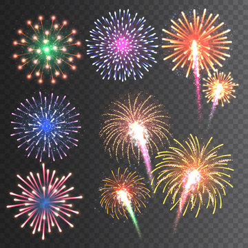 Festive fireworks collection. Realistic colorful firework on transparent background. Multicolored explosion. Christmas or New Year greeting card element. Vector illustration.