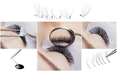 Eyelash extension procedure. Woman master works with tweezers lashes. Collage beauty salon,...