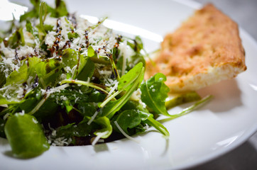 mix salad with fresh vegetables, lettuce & foccacia bread