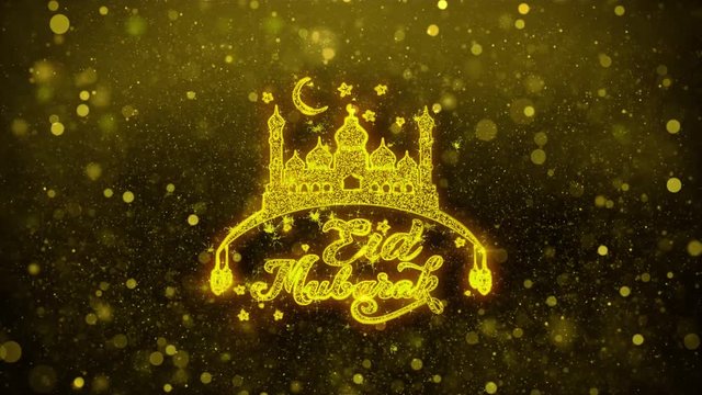 Eid Mubarak wish Text Golden Glitter Glowing Lights Shine Particles. Greeting card, Wishes, Celebration, Party, Invitation, Gift, Event, Message, Holiday, Festival 4K Loop Animation.