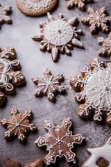 Gingerbread with icing. Traditional sweet cookies with honey, cinnamon.