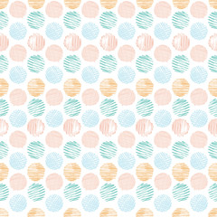 Fun textured doodle pastel polka dots seamless pattern background. Hand drawn geometric print design great for kids, stationery, wrapping paper, fabric, home decor. Vector