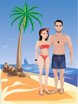lovers among the palms on the island, vector