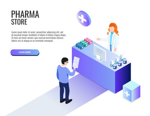 Pharma store concept. Patient and pharmacist doctor. Web banner, infographics. Vector illustration.