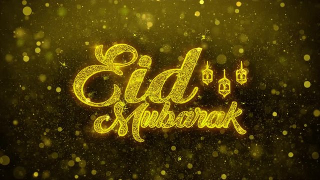 Eid Mubarak wish Text Golden Glitter Glowing Lights Shine Particles. Greeting card, Wishes, Celebration, Party, Invitation, Gift, Event, Message, Holiday, Festival 4K Loop Animation.