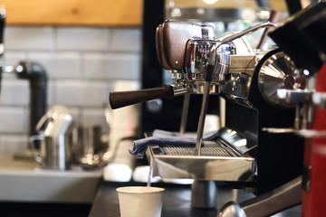 Professional coffee machine. Close up of a coffee holder.