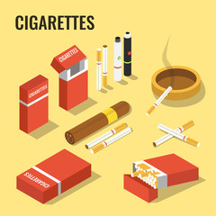 Cigarettes pack, cigarette, cigar, vape. Isometric vector illustration.