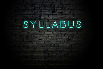 Highlighted brick wall with neon inscription syllabus