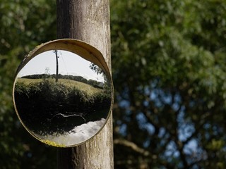 Picture in picture concept, Small field and fence in the mirror, Trees out of focus in the background.