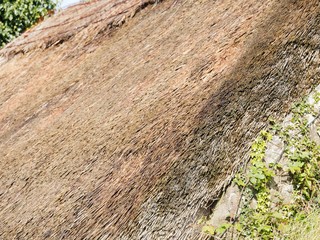 Fragment of thatched rood. Old craft, organic material concept. Selective focus.