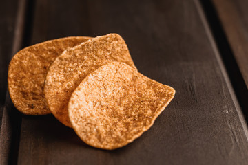 Set of french fries on wooden table background