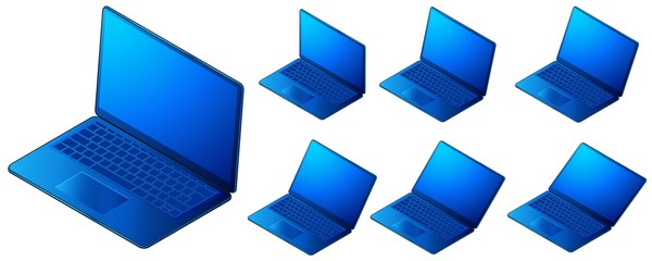 A set of laptops in an isometric projection. Monitor tilt options. Realistic vector.