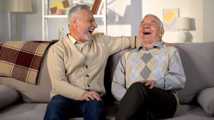 Senior male friends talking and laughing on sofa at home, pleasant conversation