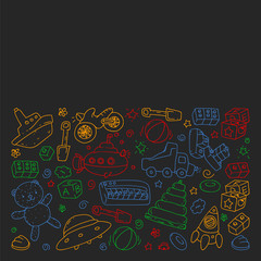 Vector pattern drawing in kindergarten style, toy, children. Happy children illustration. colorful chalk drawing on blackboard.