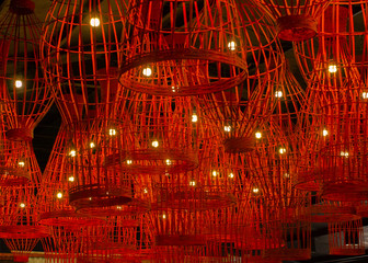 Beautiful red decorative bamboo lights on the ceiling
