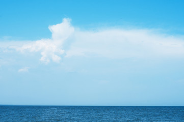 Beautiful seascape panorama. Сalm sea and blue sky with clouds.