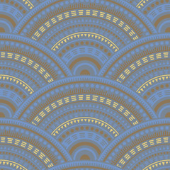Ethnic circle shapes seamless geometric pattern in blue gold brown.