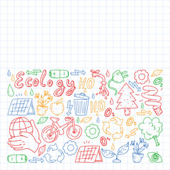 Vector logo, design and badge in trendy drawing style - zero waste concept, recycle and reuse, reduce - ecological lifestyle and sustainable developments icons. colorful. drawing on squared notebook.
