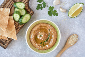 Traditional arabian eggplant hummus baba ganoush wit ingredients.  Middle Eastern cuisine. Top view, overhead