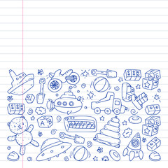 Vector pattern with kindergarten, toy children. Happy children illustration. pen drawing on notebooks in a ruler.