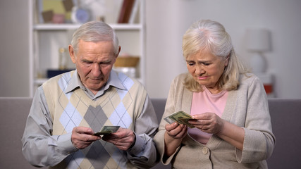 Sad aged couple holding few dollar banknotes, lack of money, social problem