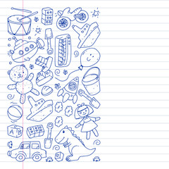 Vector pattern with kindergarten, toy children. Happy children illustration. pen drawing on notebooks in a ruler.