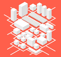 City isometric map, consisting of city skyscrapers block, trees and roads. Vector illustration.