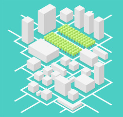City isometric map, consisting of city skyscrapers block, trees and roads. Vector illustration.