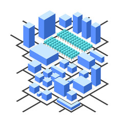 City isometric map, consisting of city skyscrapers block, trees and roads. Vector illustration.