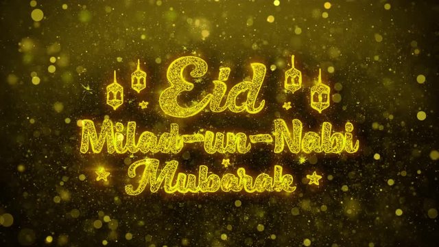 Eid Milad-un-Nabi wish Text Golden Glitter Glowing Lights Shine Particles. Greeting card, Wishes, Celebration, Party, Invitation, Gift, Event, Message, Holiday, Festival 4K Loop Animation.