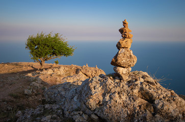 A lonely tree on a mountain, an object of stones. Sea view and blue sky.