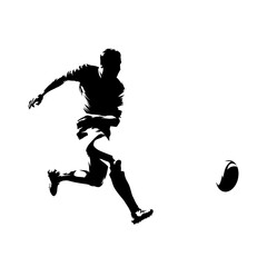 Rugby player kicking ball, isolated vector silhouette. Ink drawing comic style. Team sport athlete, side view