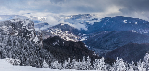 Fototapeta premium Frozen trees over valley in Romania