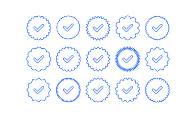 Set of quality icons. Blue flat star shape stickers. Profile Verification sign. Vector badges of warranty, approval, accept and quality. Flat vector check mark.