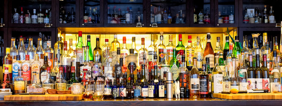 Bottles Of Alcohol And Spirits At A Well Stocked Bar In New Orleans On December 25, 2016