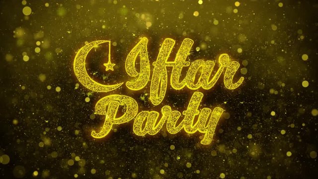 Iftar Party wish Text Golden Glitter Glowing Lights Shine Particles. Greeting card, Wishes, Celebration, Party, Invitation, Gift, Event, Message, Holiday, Festival 4K Loop Animation.