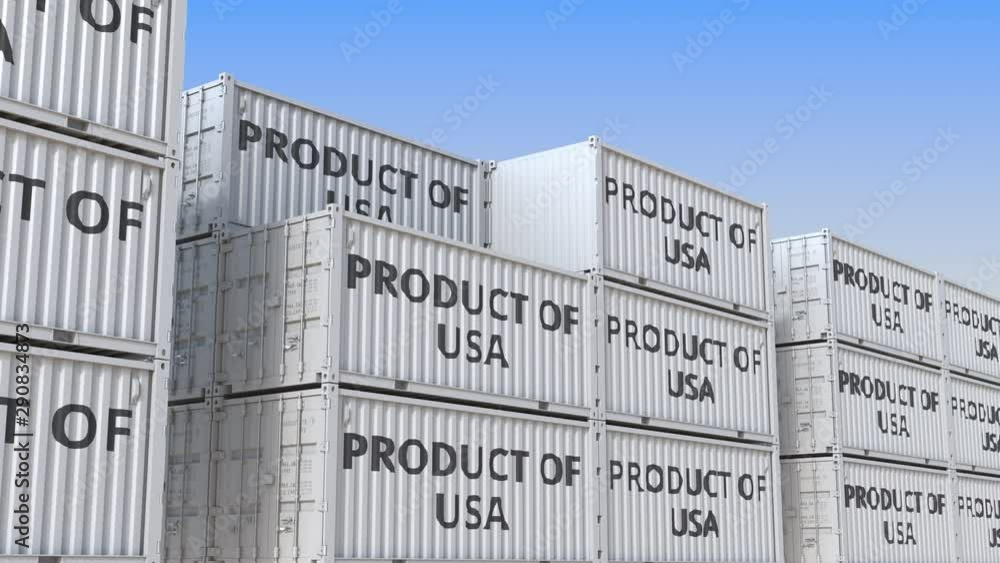 Poster containers with product of usa text. american import or export related loopable 3d animation