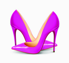 A pair of beautiful female shoes on a white background, sexy shoes, classic. High-heeled shoes, patent leather shoes. 3D effect. Vector illustration. EPS10