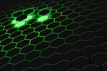 Abstract 3d rendering of futuristic surface with hexagons. Dark green sci-fi background.