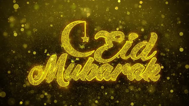 Eid Mubarak wish Text Golden Glitter Glowing Lights Shine Particles. Greeting card, Wishes, Celebration, Party, Invitation, Gift, Event, Message, Holiday, Festival 4K Loop Animation.