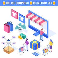 Online shopping isometric set. Users buy gifts online. Landing page template, web banner, infographics. Isometric vector illustration.