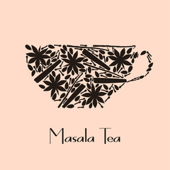 Vector tea cup consists of spices with Masala Tea text sign. Cup concept with spice silhouettes. Fully editable file for a cards, posters, packaging design and your own projects.
